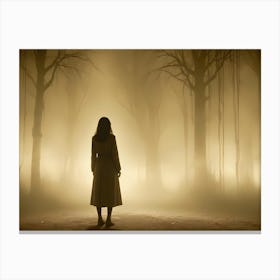 A Digital Painting Of A Woman In A Coat Standing In A Foggy Forest Canvas Print