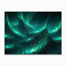 Surreal Abstract Landscape With Glowing Green Waves, Resembling A Fantastical Ocean Or Alien World Canvas Print