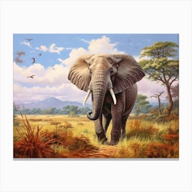 African Elephant In The Savannah Painting 1 Canvas Print