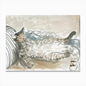 Lazy Watercolor Cat In Beige - animal pet feline hand painted Canvas Print