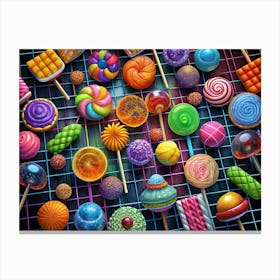 Colorful Candy Lollipops On A Wooden Grid Canvas Print