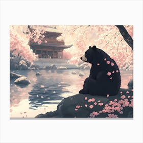 Black Panda Under Sakura Canvas Print