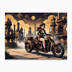 Steampunk Girl On A Motorcycle 1 Canvas Print