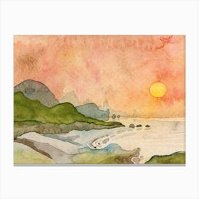 Sun Above The Lake watercolor painting landscape nature sun water mountains orange burnt yellow green hand painted Canvas Print