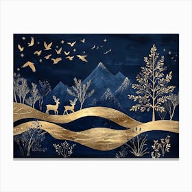 Dark Blue from The Contemporary Era Christmas Tree, Mountain, Deer, Birds and Waves of Gold Canvas Print