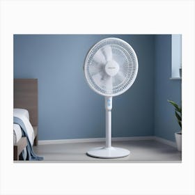 A White Pedestal Fan In A Bedroom Setting With A Bed And A Plant Canvas Print