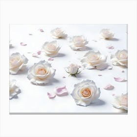 White Roses And Petals Scattered On White Background Elegant Floral Design Canvas Print