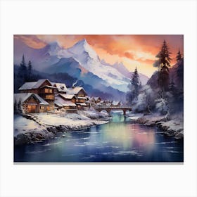 Winter Village By The River Canvas Print