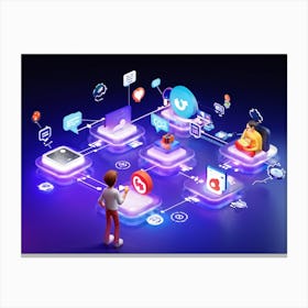 Animated Characters Engaging With A Variety Of Popular Apps Displayed On A Network Of Interconnected (1) Canvas Print