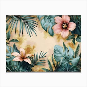 Vintage Tropical Green Brown Leaves with Golden Texture 1 Canvas Print