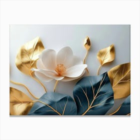 A White Sheet Of Paper Shows Flowers With Pink Petals, Golden Buds and Green Leaves Canvas Print