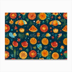 Oranges On A Blue Background Canvas Print