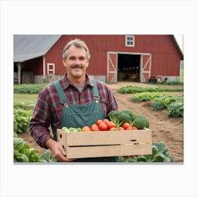 Two Farmers Holding Crates Of Fresh Produce In Front Of A Barn Canvas Print