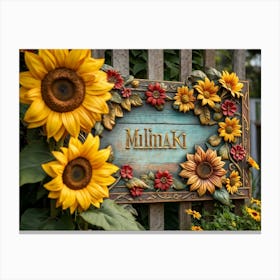 Closeup Of An Ornamental Wooden Signboard Propped Against A Rustic Fence Bright Yellow Sunflowers B (5) Canvas Print