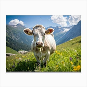 A Closeup On A Pure White Cow Ambling Leisurely In A Verdant Alpine Meadow The Beast Exuding Pure C Canvas Print