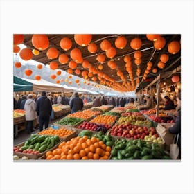 Vibrant Market Scene With Colorful Lanterns And Fresh Produce Canvas Print