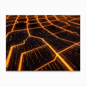 Abstract Close Up Of A Circuit Board With Glowing Orange Circuitry Lines Canvas Print