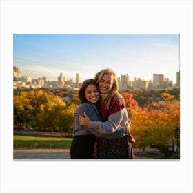 Best Friends Embracing In A Warm Hug Their Smiles Radiant Against The Backdrop Of A Bustling Urban Canvas Print