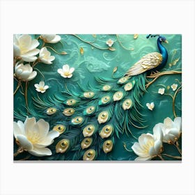 3d Peacock and Flowers with Golden Jewelry and Flowers Canvas Print