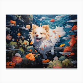 Pomeranian Dog Swimming In The Sea Canvas Print