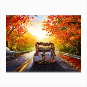 Autumnal Landscape Autumnal Leaves Cascading Down As A Car Adorned With Holiday Wreaths And Ribbon (1) 2 Canvas Print