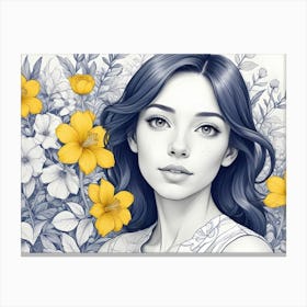 A Portrait Of A Young Woman With Flowing Dark Hair And Freckles, Surrounded By Delicate Flowers With Bright Yellow Petals Canvas Print