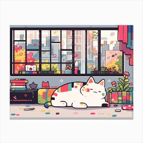 Cat lying in a colorful room Canvas Print