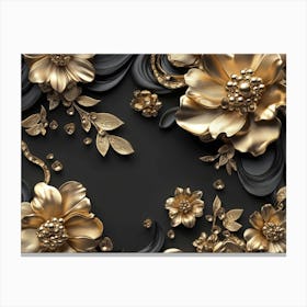 3d Golden Jewelry And Flowers In Black Design 1 Canvas Print