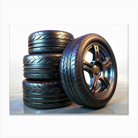 Stack Of Black Tires With Chrome Rims Canvas Print