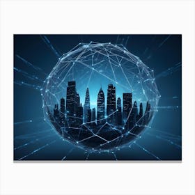 Abstract Image Of A Futuristic Cityscape Enclosed In A Glowing Sphere Of Connected Lines, Symbolizing A Global Network Or A Technological Hub Canvas Print