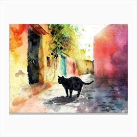 Black Cat In Latina, Italy, Street Art Watercolour Painting 4 Canvas Print