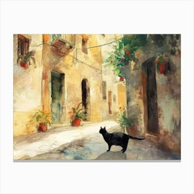 Black Cat In Bari, Italy, Street Art Watercolour Painting 2 Canvas Print