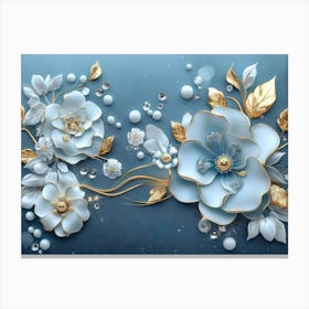 3d Artwork Illustration White and Blue Background with Golden Jewelry and Flowers 5 Canvas Print