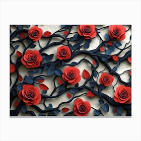 3d Texture Of Branches With Red Roses And Leaves, Illustration Background Canvas Print