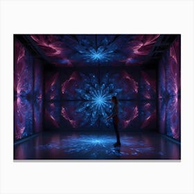 An Abstract Digital Art Piece Portraying A Futuristic Room Where A Woman Is Surrounded By Glowing, Colorful, Fractal Patterns Resembling A Blossoming Flower Canvas Print