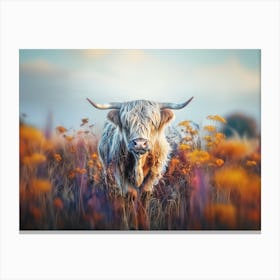 Highland Cow Colorful Flower Field Blue Sky Iridescent Nature Photography Canvas Print