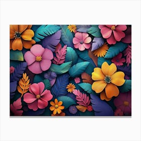 A Vibrant 3d Art Featuring Colorful Flowers And Leaves, With A Floral Canvas Print