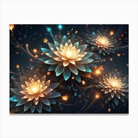 Three Glowing, Translucent Flowers In Shades Of Gold And Teal Bloom Against A Dark Background With Shimmering Particles Canvas Print