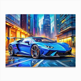 Blue Sports Car On A City Street Canvas Print