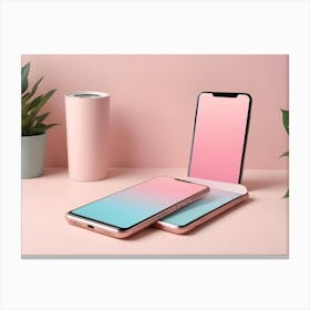 Photo Of Two Smartphones On A Pink Surface With Potted Plants And A Pink Cylinder Canvas Print