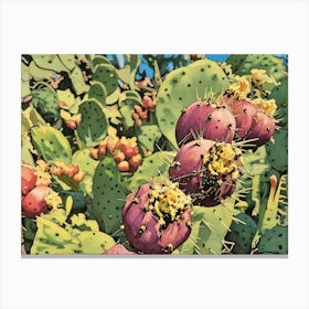 Blooming Prickly Pear Cactus. A vibrant depiction of prickly pear cacti with ripe magenta fruit and yellow flowers under a bright blue sky. The lush green pads and sharp spines add a dynamic texture to the scene. Canvas Print