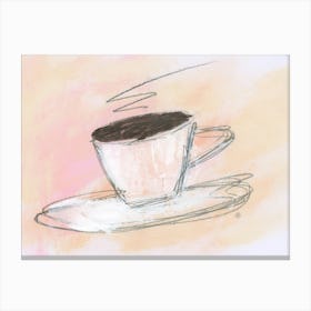 White Cup Of Coffe On Peach And Pink - beige kitchen cafe light hand drawn Canvas Print