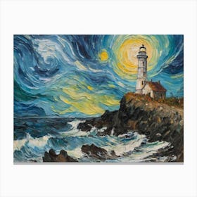 Painting Of Lighthouse On Top Of A Cliff By The Ocean Canvas Print