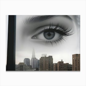 An Eye With Long Eyelashes Looking Out A Window At A City Skyline Canvas Print