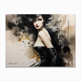 Color Painting of a Beauty In Black Dress Canvas Print