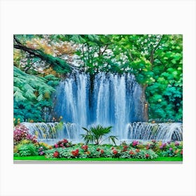 Serene Fountain in a Lush Garden in Toulouse France. This image depicts a serene waterfall cascading down into a tranquil pool, surrounded by a lush garden filled with vibrant flowers and greenery. The scene is framed by dense foliage, creating a peaceful and picturesque natural setting. Canvas Print