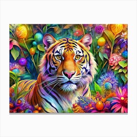 Vibrant Tiger In A Colorful Floral Garden Canvas Print