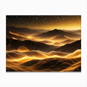 Golden Mountain Landscape Illustration, With Stars In A Night Sky, And Flowing Lights Creating Paths, A Fantasy Aesthetic Canvas Print