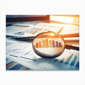 Magnifying Glass Focusing On Business Charts And Graphs, Representing Financial Analysis, Research, And Data Examination 1 Canvas Print