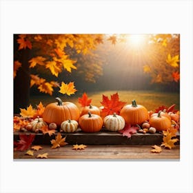 Autumn Themed Table Decoration Scattered Maple Leaves In Warm Shades Intermixed With Small Pumpkin (2) Canvas Print